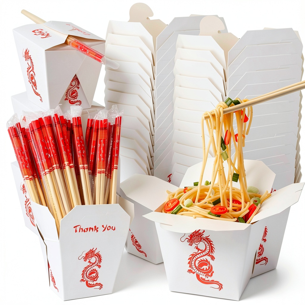 Installing Honeydak Take Out Boxes 50 Pack with Bamboo Chopsticks 16 oz Brown on a wooden desk