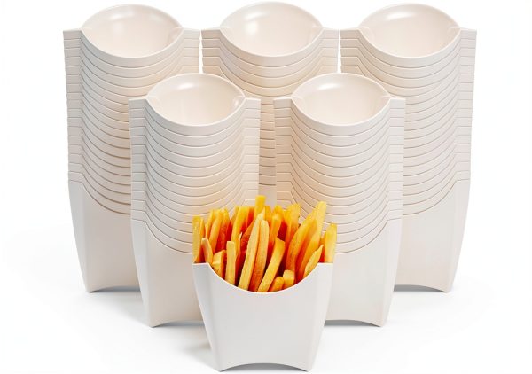 ZILAMGOO 50 Pack 4oz French Fry Containers, White Disposable Paperboard French Fries Holder Cups for Fries, Onion Rings, Snacks, Crackers – Stackable French Fry Cups for Parties & Takeout-0