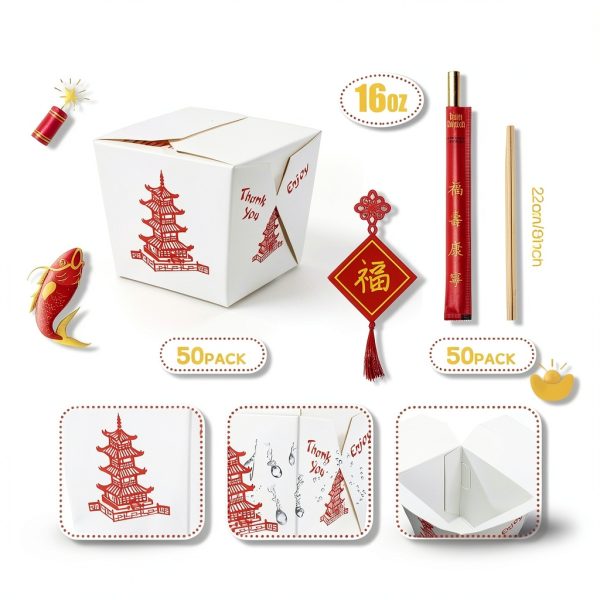 Tioncy 50 Set 16 oz Paper Food Containers with Bamboo Chopsticks-1