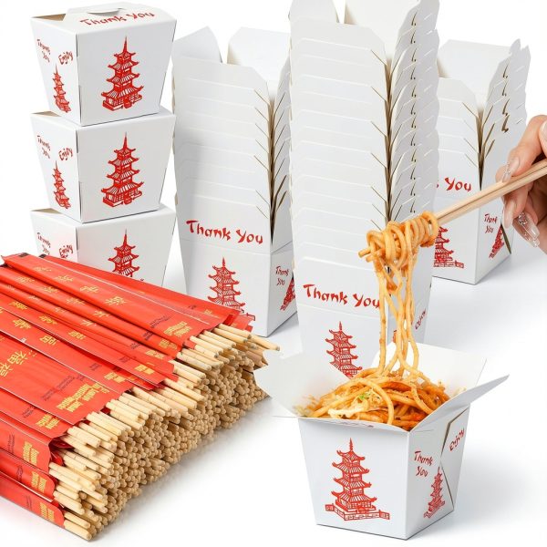 Tioncy 50 Set 16 oz Paper Food Containers with Bamboo Chopsticks-0
